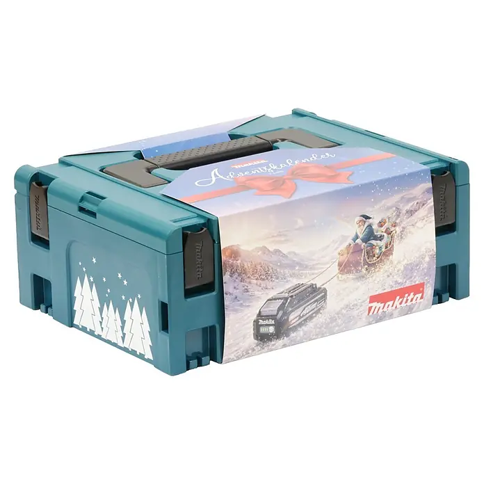 Makita Adventskalender 2026 - 24 -tlg. - Türkiser Makita Werkzeugkoffer mit festlicher Adventskalender-Hülle, die Weihnachtsmann, Makita-Akku, Schneelandschaft und weiße Bäume zeigt.