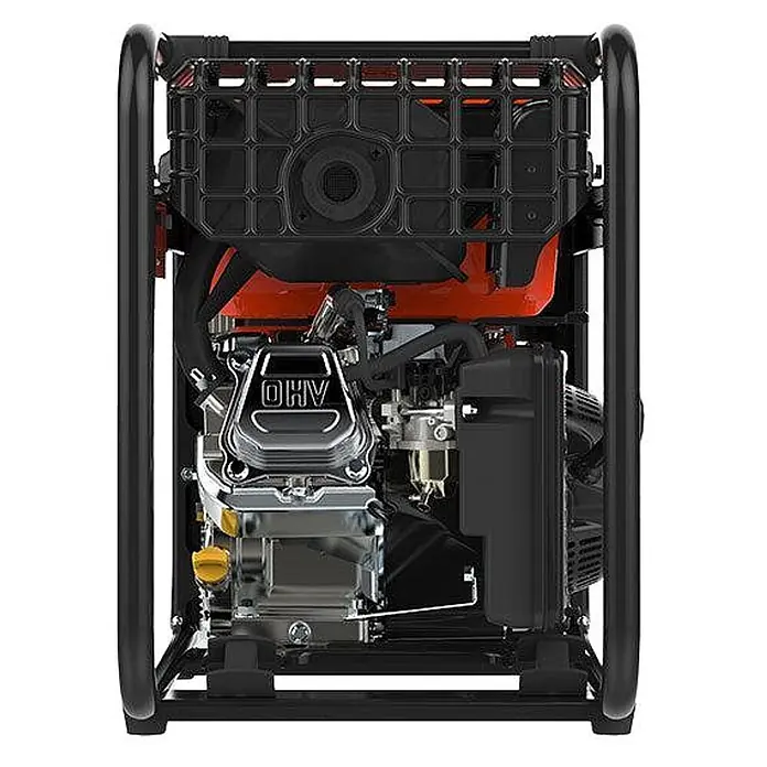 Genergy Stromerzeuger Inverter Stromerzeuger Benzin 3800 Watt RODAS E-START - Nennleistung: 3,5 kW, Tankvolumen: 10 l - Rückansicht eines tragbaren schwarzen und orangefarbenen Generators mit verchromtem OHV-Motorabdeckung in einem schwarzen Schutzrahmen.