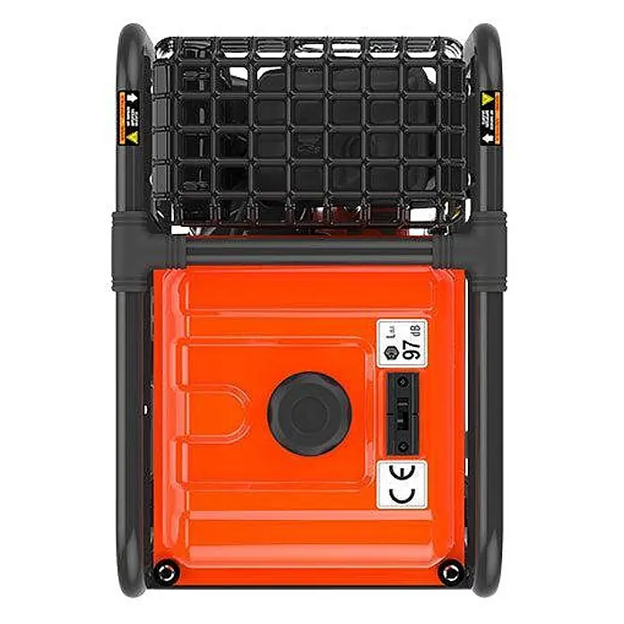 Genergy Stromerzeuger Inverter Stromerzeuger Benzin 3800 Watt RODAS E-START - Nennleistung: 3,5 kW, Tankvolumen: 10 l - Aufsicht auf einen orange-schwarzen, tragbaren Generator mit Schutzgitter und Bedienfeld.