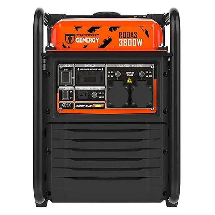 Genergy Stromerzeuger Inverter Stromerzeuger Benzin 3800 Watt RODAS E-START - Nennleistung: 3,5 kW, Tankvolumen: 10 l - Genergy Rodas 3800W Generator mit orangefarbener Oberseite, schwarzem Gehäuse und Bedienfeld mit mehreren Steckdosen.