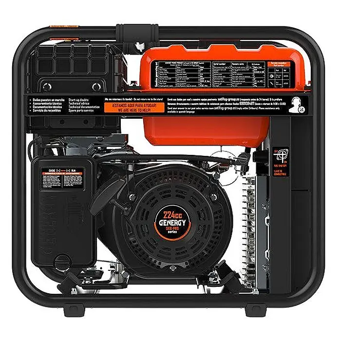 Genergy Stromerzeuger Inverter Stromerzeuger Benzin 3800 Watt RODAS E-START - Nennleistung: 3,5 kW, Tankvolumen: 10 l - Schwarzer und oranger tragbarer Generator mit 224cc GENERGY SGB-PRO Motor und orangefarbenem Kraftstofftank, zeigt interne Komponenten.