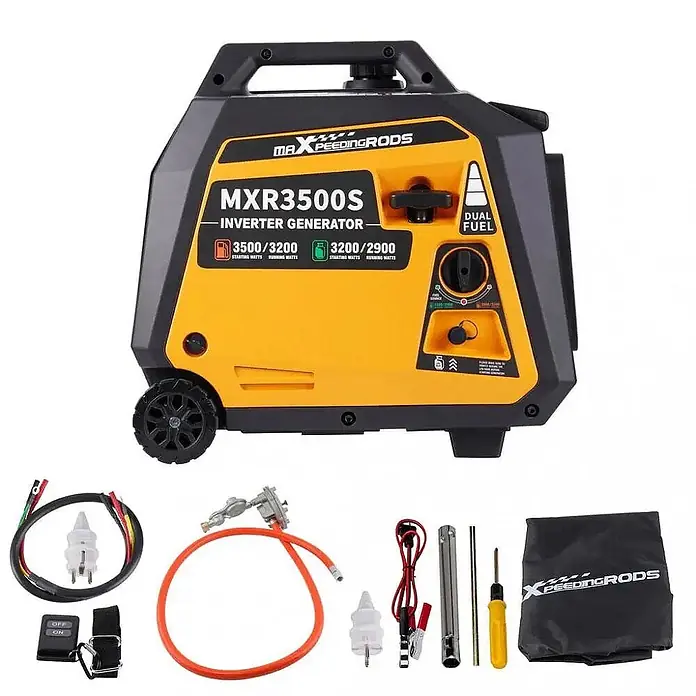 MaXpeedingrods Stromerzeuger 3500 Watt DualFuel Inverter Stromerzeuger maXpeedingrods MXR 3500S - Nennleistung: 3,2 kW, Tankvolumen: 5,7 l - Gelb-schwarzer Maxpeedingrods MXR3500S Dual Fuel Inverter-Generator mit Zubehör.