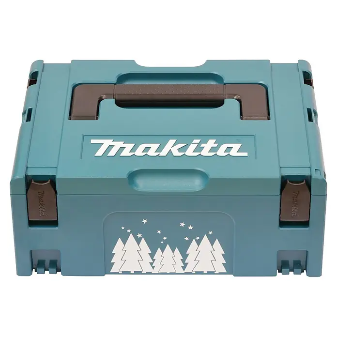 Makita Adventskalender 2026 - 24 -tlg. - Türkisblaue Makita System-Werkzeugkiste mit schwarzem Griff, weißem Makita-Logo und weißer Tannenbaum- und Sterndekoration.