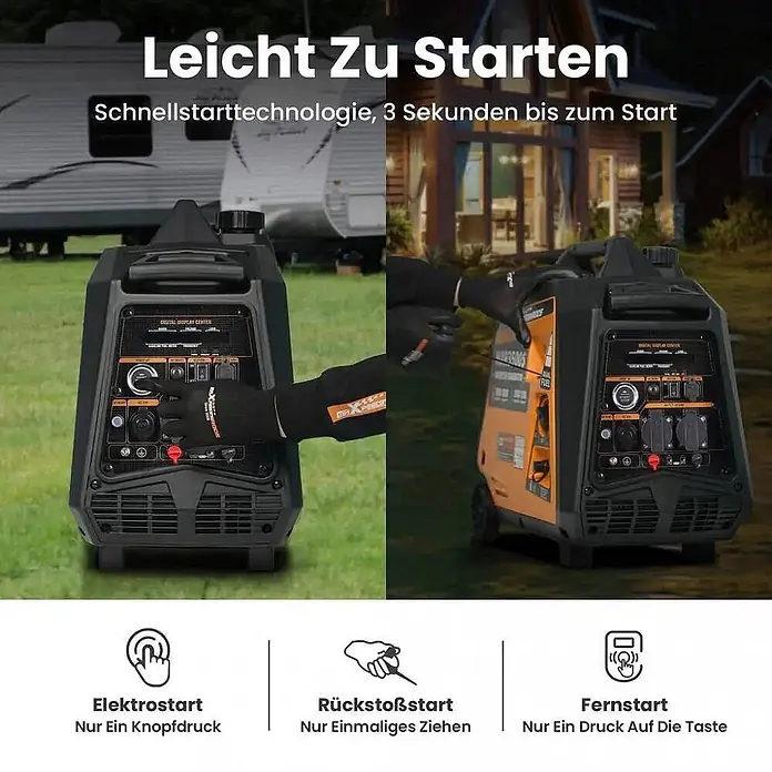 MaXpeedingrods Stromerzeuger 3500 Watt DualFuel Inverter Stromerzeuger maXpeedingrods MXR 3500S - Nennleistung: 3,2 kW, Tankvolumen: 5,7 l - Schwarzer und orangefarbener tragbarer Generator im Freien, der seine einfachen Elektro-, Rückstoß- und Fernstartoptionen hervorhebt.
