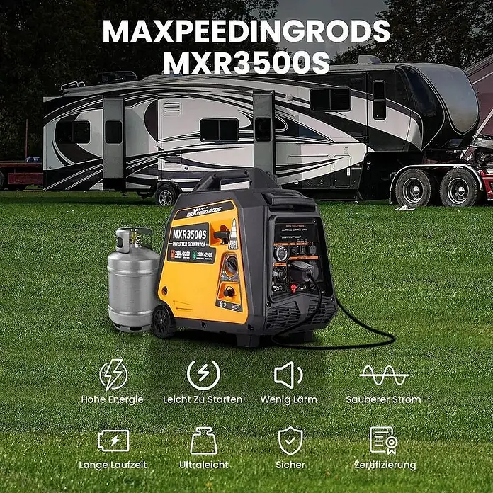 MaXpeedingrods Stromerzeuger 3500 Watt DualFuel Inverter Stromerzeuger maXpeedingrods MXR 3500S - Nennleistung: 3,2 kW, Tankvolumen: 5,7 l - Ein gelb-schwarzer MAXPEEDINGRODS MXR3500S Inverter-Generator mit Propangasflasche, im Freien vor einem Wohnmobil.