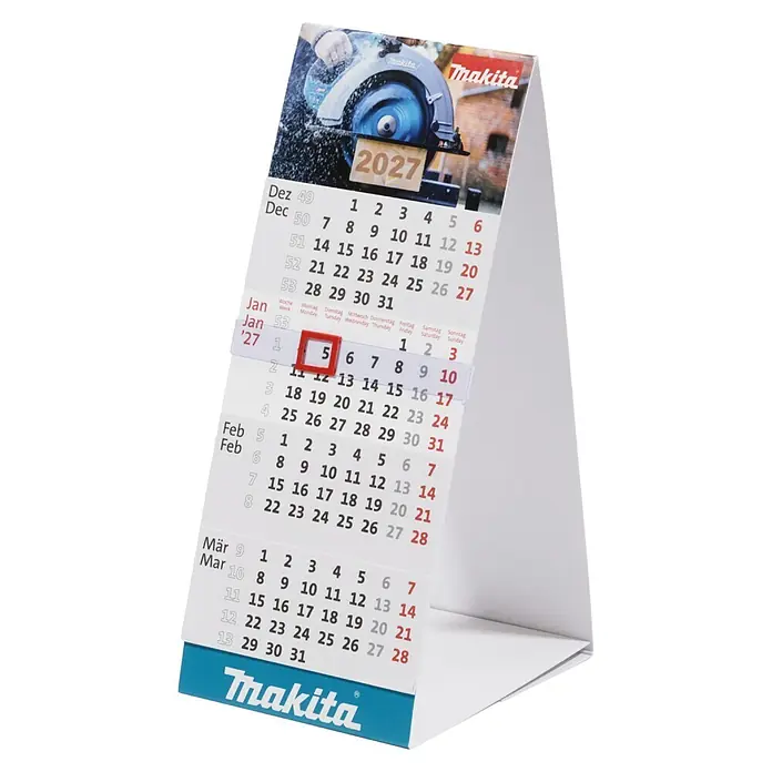 Makita Adventskalender 2026 - 24 -tlg. - Makita Tischkalender 2027 zeigt Dez 2026, Jan, Feb, Mär 2027. Der 5. Januar ist markiert.