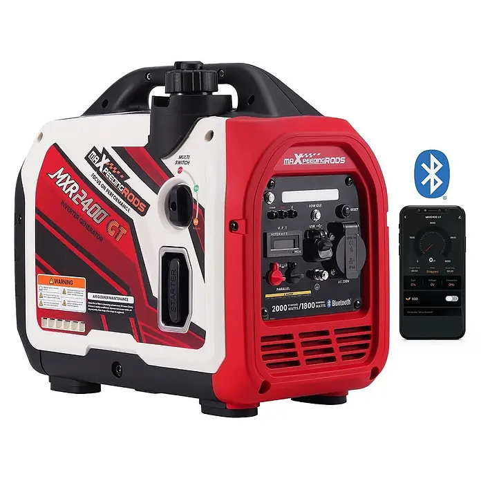 MaXpeedingrods Stromerzeuger 2000W Benzin Inverter Stromerzeuger mit App Steuerung maXpeedingrods M... - Nennleistung: 1,8 kW, Tankvolumen: 2 l - Rot-weißer MaXpeedingRods MXR2400 GT Inverter-Generator mit Bluetooth, USB und AC 230V Anschlüssen. Mit Digitalanzeige und Starter.