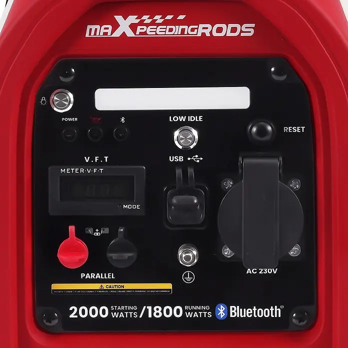 MaXpeedingrods Stromerzeuger 2000W Benzin Inverter Stromerzeuger mit App Steuerung maXpeedingrods M... - Nennleistung: 1,8 kW, Tankvolumen: 2 l - Rotes und schwarzes MAXPEEDINGRODS Generator-Bedienfeld mit Display, Power, USB, AC 230V Steckdose, Parallelanschlüssen und Bluetooth.