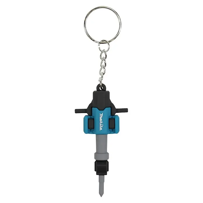 Makita Adventskalender 2026 - 24 -tlg. - Hellblauer und schwarzer Makita Presslufthammer-Schlüsselanhänger mit Metallring und Kette.