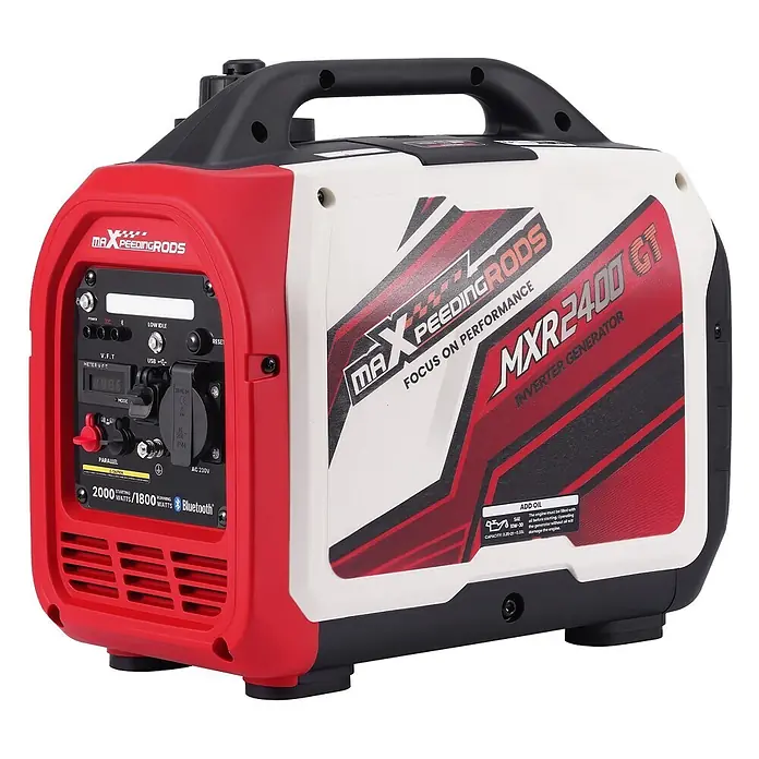 MaXpeedingrods Stromerzeuger 2000W Benzin Inverter Stromerzeuger mit App Steuerung maXpeedingrods M... - Nennleistung: 1,8 kW, Tankvolumen: 2 l - Roter und weißer MAXPEEDINGRODS MXR2400 Inverter-Generator mit Bedienfeld und Griff.
