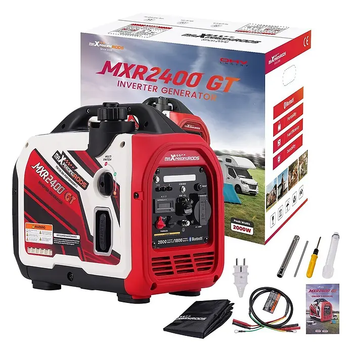 MaXpeedingrods Stromerzeuger 2000W Benzin Inverter Stromerzeuger mit App Steuerung maXpeedingrods M... - Nennleistung: 1,8 kW, Tankvolumen: 2 l - Roter und weißer Inverter-Generator mit Verpackung und Zubehör.