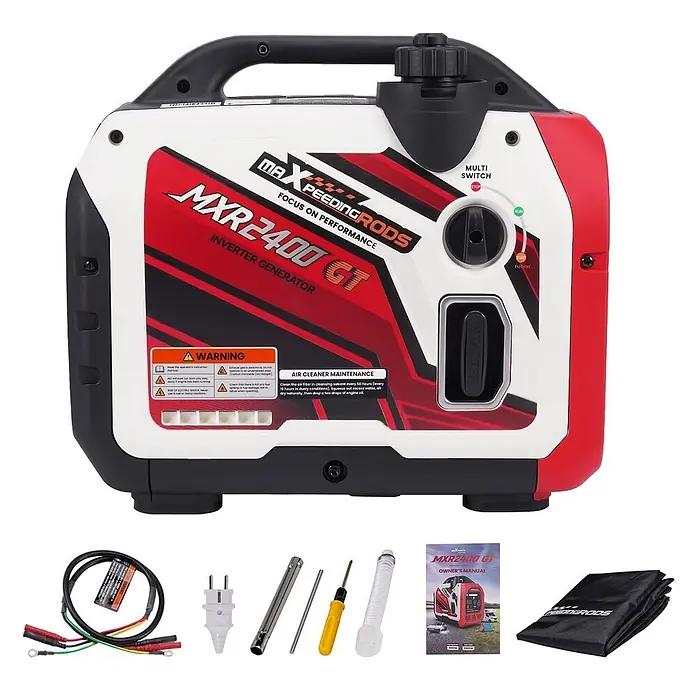 MaXpeedingrods Stromerzeuger 2000W Benzin Inverter Stromerzeuger mit App Steuerung maXpeedingrods M... - Nennleistung: 1,8 kW, Tankvolumen: 2 l - Roter und weißer MaXpeedingRods MXR2400 GT Inverter-Generator mit Griff, Tankdeckel, Mehrfachschalter, Starter und Zubehör wie Kabel, Werkzeuge, Handbuch.