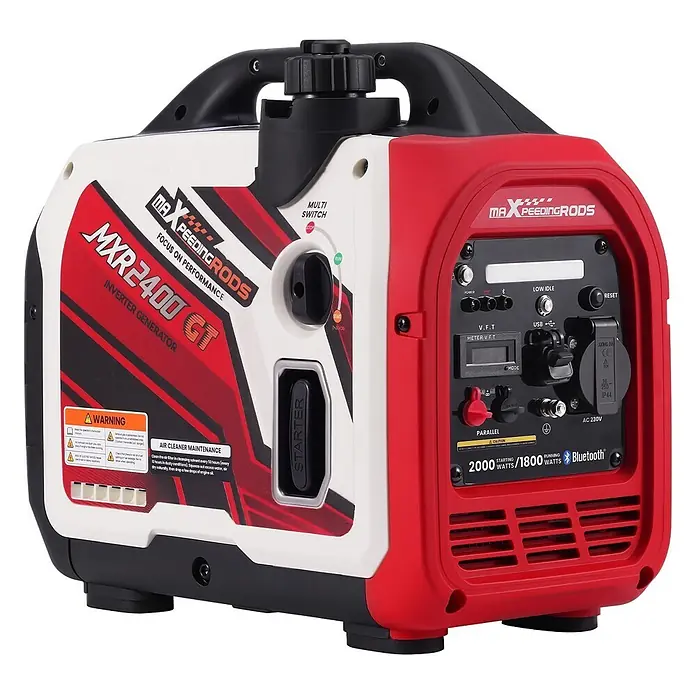 MaXpeedingrods Stromerzeuger 2000W Benzin Inverter Stromerzeuger mit App Steuerung maXpeedingrods M... - Nennleistung: 1,8 kW, Tankvolumen: 2 l - Roter, weißer und schwarzer MAXPEEDINGRODS MXR2400 GT Inverter-Generator mit Bedienfeld und Seilzugstarter.