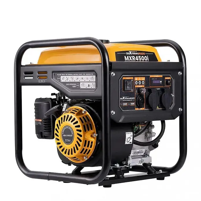 MaXpeedingrods Stromerzeuger 3500 Watt Benzin Inverter Open Frame maXpeedingrods MXR 4500i - Nennleistung: 3,2 kW, Tankvolumen: 7,5 l - Gelber und schwarzer Maxpeedingrods MXR4500i Inverter-Generator mit Schutzrahmen, Bedienfeld und luftgekühltem 223cc Motor.