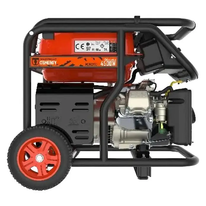 Genergy Stromerzeuger GENERGY MONCAYO Benzin Stromerzeuger 4500W SVR - Nennleistung: 4 kW, Tankvolumen: 13 l - Tragbarer Generator mit rotem Tank, schwarzem Rahmen und Rädern.