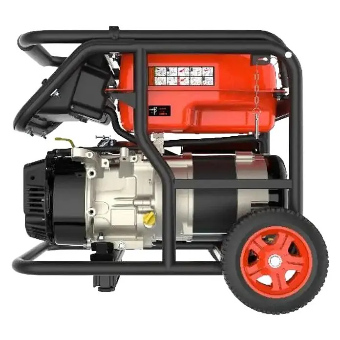 Genergy Stromerzeuger GENERGY MONCAYO Benzin Stromerzeuger 4500W SVR - Nennleistung: 4 kW, Tankvolumen: 13 l - Seitenansicht eines tragbaren Generators mit schwarzem Rahmen, orangefarbenem Kraftstofftank und roten Rädern.
