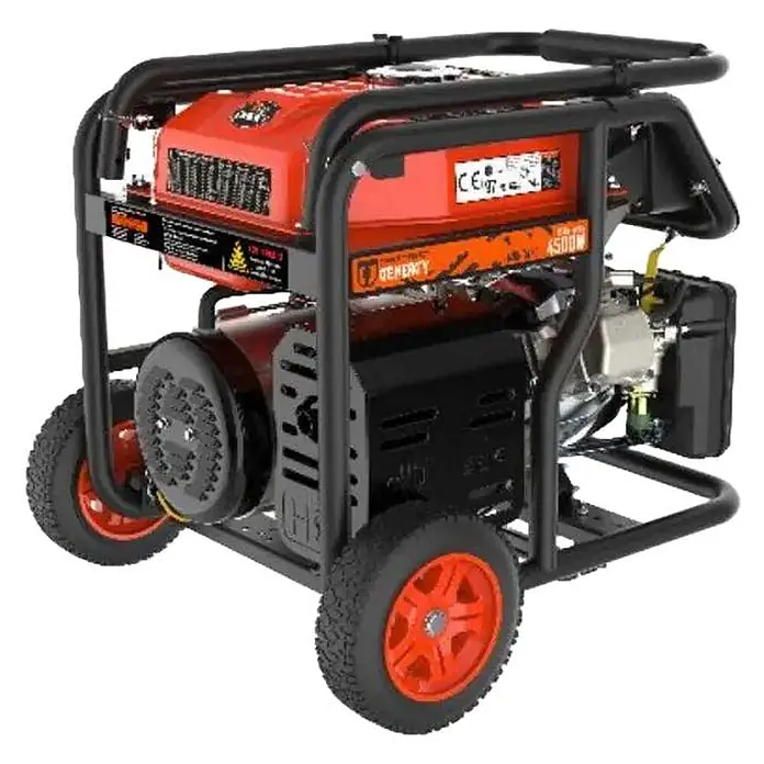 Genergy Stromerzeuger GENERGY MONCAYO Benzin Stromerzeuger 4500W SVR - Nennleistung: 4 kW, Tankvolumen: 13 l - Roter und schwarzer tragbarer Generator mit robustem Metallrahmen und Rädern mit orangefarbenen Felgen, für mobile Stromversorgung.
