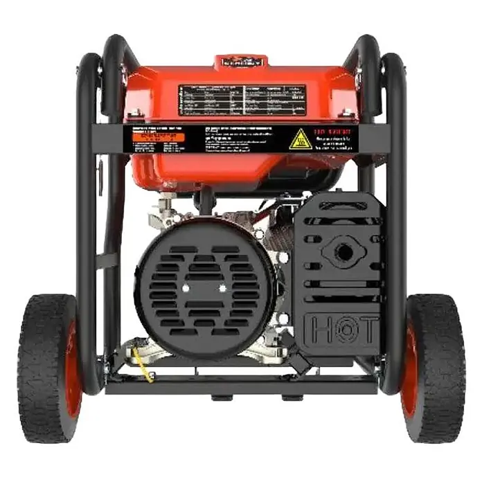 Genergy Stromerzeuger GENERGY MONCAYO Benzin Stromerzeuger 4500W SVR - Nennleistung: 4 kW, Tankvolumen: 13 l - Roter und schwarzer tragbarer Benzingenerator mit Rädern, von hinten gesehen.