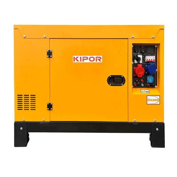 KIPOR Stromerzeuger Diesel AVR Stromerzeuger 16 kW / 20 kVA - KIPOR DG20000 - Nennleistung: 16 kW, Tankvolumen: 30 l - Gelber KIPOR Silent-Generator mit schwarzem Sockel, Bedienfeld mit Steckdosen und Schaltern.