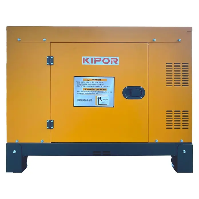 KIPOR Stromerzeuger Diesel AVR Stromerzeuger 16 kW / 20 kVA - KIPOR DG20000 - Nennleistung: 16 kW, Tankvolumen: 30 l - Gelber KIPOR Generator mit schwarzem Sockel, Frontpanel, Griff, Lüftungsgittern und Warnaufklebern.
