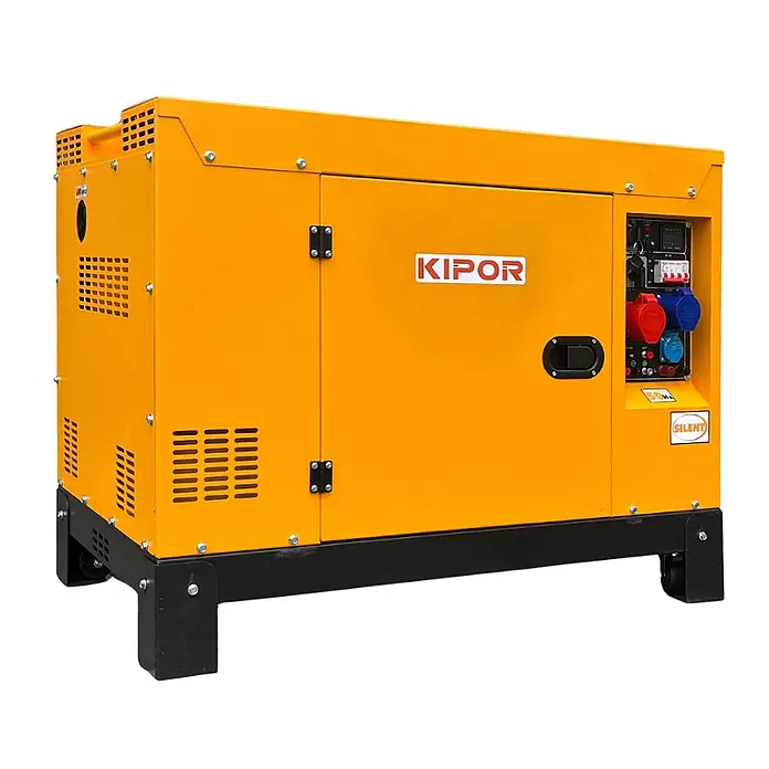 KIPOR Stromerzeuger Diesel AVR Stromerzeuger 16 kW / 20 kVA - KIPOR DG20000 - Nennleistung: 16 kW, Tankvolumen: 30 l - Gelber Kipor Silent-Generator mit schwarzem Sockel und zugänglichem Bedienfeld.