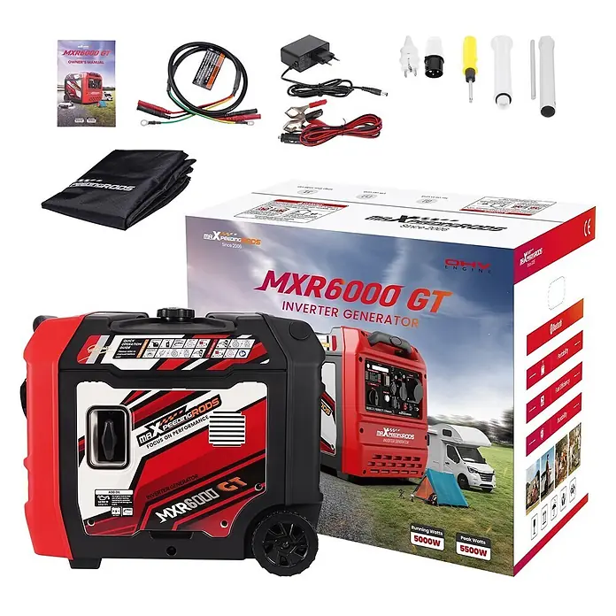 MaXpeedingrods Stromerzeuger 5500W Benzin Inverter Stromerzeuger mit App Steuerung maXpeedingrods M... - Nennleistung: 5 kW, Tankvolumen: 11,5 l - Roter und schwarzer Inverter-Generator mit Rädern, Verpackung, Handbuch, Kabeln, Adaptern und Werkzeugen.