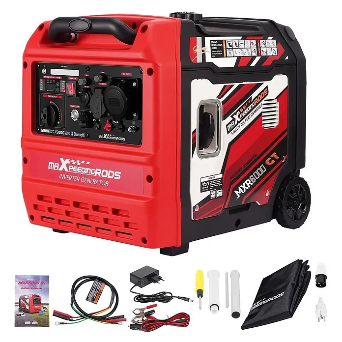 MaXpeedingrods Stromerzeuger 5500W Benzin Inverter Stromerzeuger mit App Steuerung maXpeedingrods M... - Nennleistung: 5 kW, Tankvolumen: 11,5 l - Ein roter und schwarzer Inverter-Generator, Modell MXR6000 GT (5500W/5000W) mit Bluetooth, zusammen mit Handbuch, Kabeln, Werkzeugen und Adaptern.