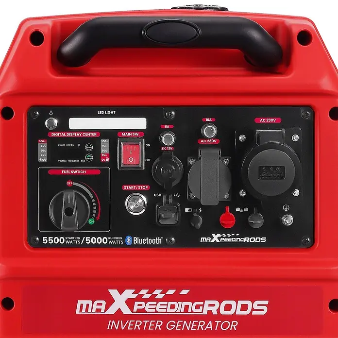 MaXpeedingrods Stromerzeuger 5500W Benzin Inverter Stromerzeuger mit App Steuerung maXpeedingrods M... - Nennleistung: 5 kW, Tankvolumen: 11,5 l - Roter Inverter-Generator mit schwarzem Bedienfeld, Digitalanzeige, Kraftstoffschalter, Start-/Stopp-Taste, verschiedenen Anschlüssen und Bluetooth.