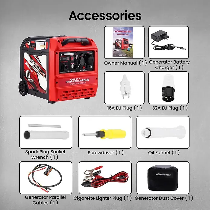 MaXpeedingrods Stromerzeuger 5500W Benzin Inverter Stromerzeuger mit App Steuerung maXpeedingrods M... - Nennleistung: 5 kW, Tankvolumen: 11,5 l - Rot-schwarzer Inverter-Generator mit wichtigem Zubehör: Handbuch, Stecker, Kabel, Ladegerät, Werkzeuge und Staubschutzhülle.