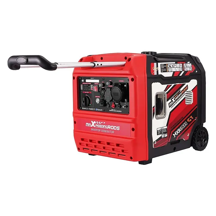 MaXpeedingrods Stromerzeuger 5500W Benzin Inverter Stromerzeuger mit App Steuerung maXpeedingrods M... - Nennleistung: 5 kW, Tankvolumen: 11,5 l - Roter und schwarzer Inverter-Generator mit ausziehbarem Griff, Rädern und Bedienfeld mit Steckdosen.