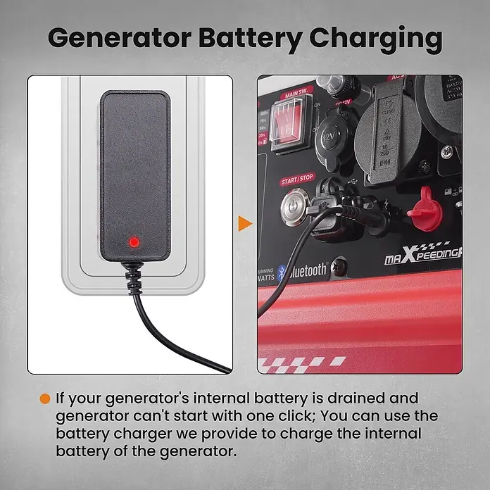 MaXpeedingrods Stromerzeuger 5500W Benzin Inverter Stromerzeuger mit App Steuerung maXpeedingrods M... - Nennleistung: 5 kW, Tankvolumen: 11,5 l - Batterieladegerät an das Bedienfeld eines Generators angeschlossen, um die interne Batterie aufzuladen.