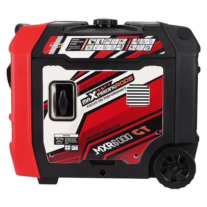 MaXpeedingrods Stromerzeuger 5500W Benzin Inverter Stromerzeuger mit App Steuerung maXpeedingrods M... - Nennleistung: 5 kW, Tankvolumen: 11,5 l - Roter und schwarzer tragbarer Maxpeedingrods Inverter-Generator auf Rädern, mit Bedienfeld und Kurzanleitung.