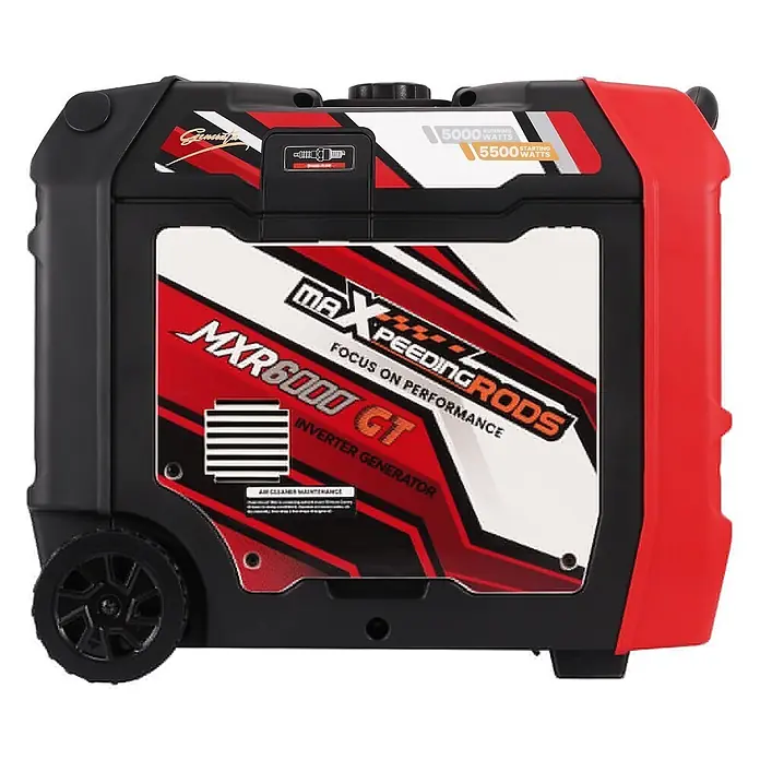 MaXpeedingrods Stromerzeuger 5500W Benzin Inverter Stromerzeuger mit App Steuerung maXpeedingrods M... - Nennleistung: 5 kW, Tankvolumen: 11,5 l - Schwarzer und roter tragbarer Inverter-Generator mit Rädern, der 'MAXPEEDINGRODS MXR6000 GT' und Spezifikationen für 5000/5500 Watt anzeigt.