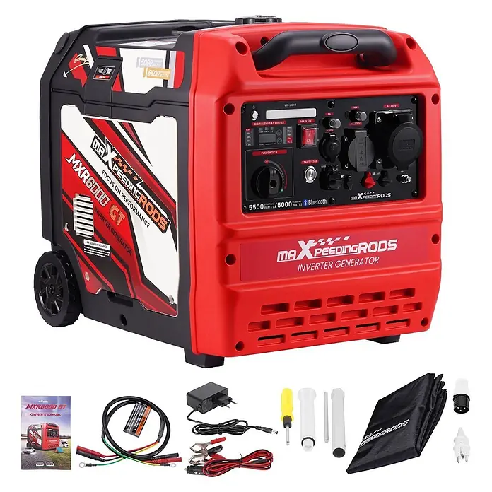 MaXpeedingrods Stromerzeuger 5500W Benzin Inverter Stromerzeuger mit App Steuerung maXpeedingrods M... - Nennleistung: 5 kW, Tankvolumen: 11,5 l - Rot-schwarzer MAXPEEDINGRODS Inverter-Generator mit Bedienfeld, Rädern, Griff und Zubehör wie Kabeln und Werkzeug.