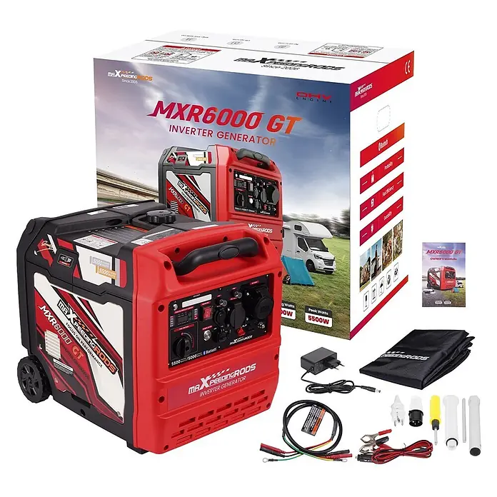 MaXpeedingrods Stromerzeuger 5500W Benzin Inverter Stromerzeuger mit App Steuerung maXpeedingrods M... - Nennleistung: 5 kW, Tankvolumen: 11,5 l - Roter und schwarzer Maxpeedingrods MXR6000 GT Inverter-Generator (5000/5500W) mit Verpackung, Kabeln und Zubehör.