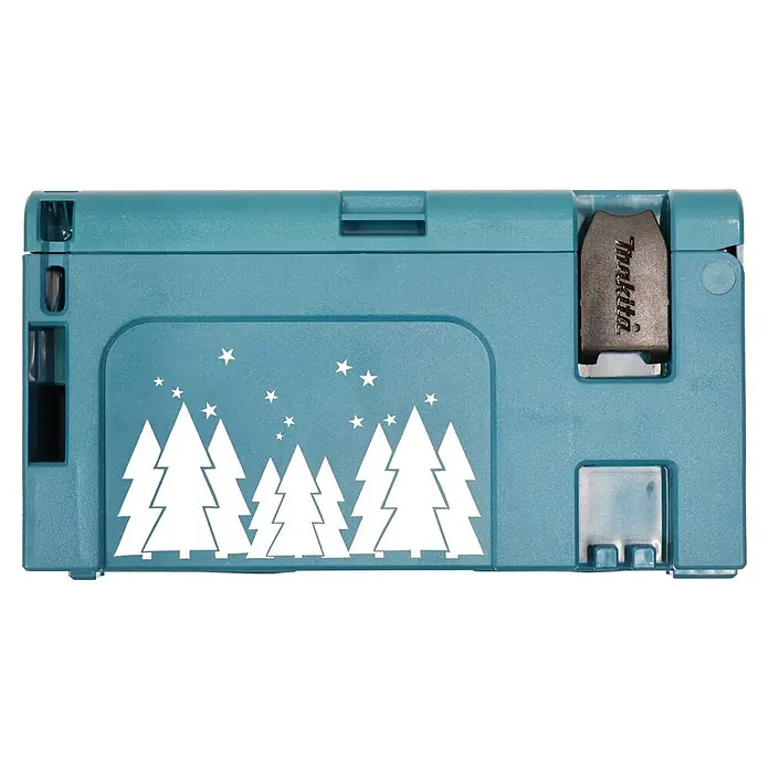 Makita Adventskalender 2026 - 24 -tlg. - Türkisfarbener Makita Werkzeugkoffer mit weißer Weihnachtsbaum- und Sternendekoration.