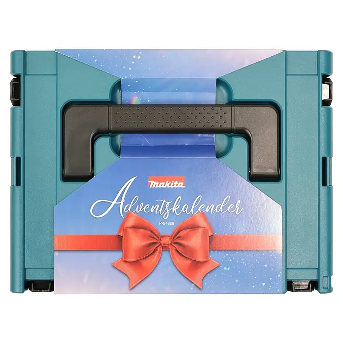 Makita Adventskalender 2026 - 24 -tlg. - Türkiser Makita Werkzeugkoffer als Adventskalender mit blauer Hülle, roter Schleife und „Adventskalender“ Text.