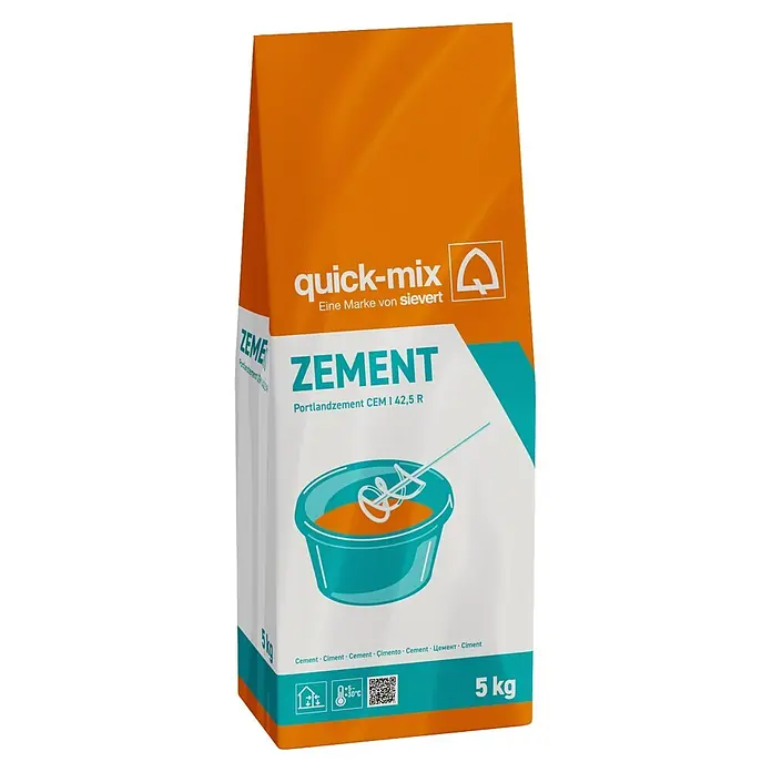 Quick-Mix Zement - 5 kg, Chromatarm - quick-mix Portlandzement Sack, 5 kg, orange-weiß, mit Mischkessel-Grafik.