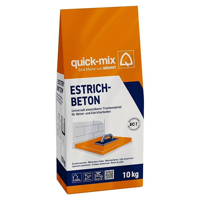 Quick-Mix Estrichbeton - 10 kg - Orange-weißer Sack quick-mix Estrich-Beton/Trockenmörtel für Beton- und Estricharbeiten.