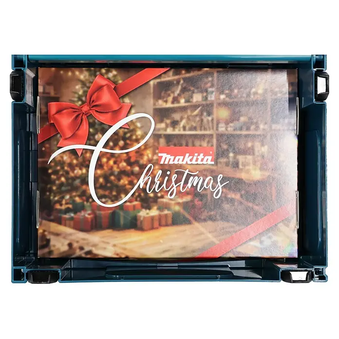 Makita Adventskalender 2026 - 24 -tlg. - Dunkelblaugrüner Werkzeugkoffer mit festlichem Weihnachtseinleger, roter Schleife, Weihnachtsbaum und Makita-Branding.