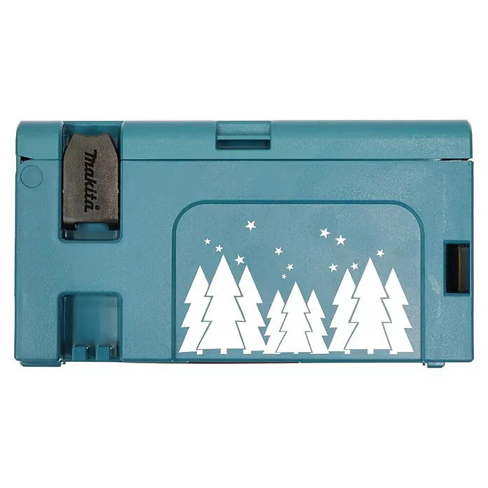 Makita Adventskalender 2026 - 24 -tlg. - Türkisfarbener Makita Werkzeugkoffer mit weißer Weihnachtsbaum- und Sternen-Illustration.
