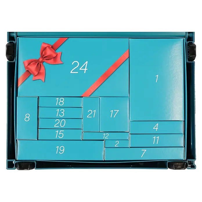 Makita Adventskalender 2026 - 24 -tlg. - Türkiser Adventskalender mit nummerierten Fächern (1-24) und einer roten Schleife.