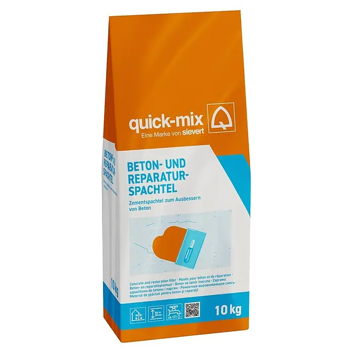 Quick-Mix Beton- & Reparaturspachtel - 10 kg - Orange-weißer quick-mix 10 kg Beton- und Reparaturspachtel-Sack.
