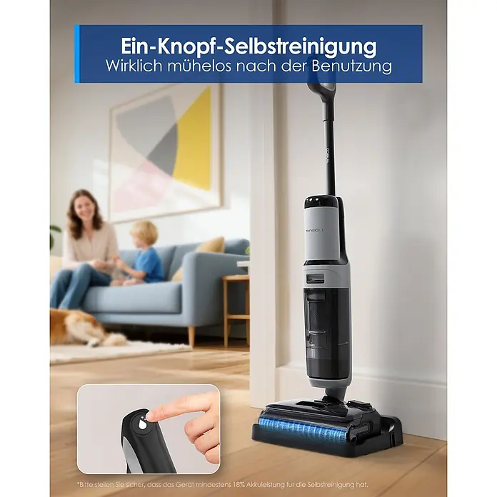 Tineco Akku-Nass-Trockensauger FLOOR ONE i5 Strech Plus - Saugkraft: 20.000 Pa, Akkulaufzeit: 30 min, Wassertankvolumen: 0,8 l - Grauer und schwarzer Tineco Nass-/Trockensauger im Haus, mit Einsatz der Ein-Knopf-Selbstreinigungsaktivierung.