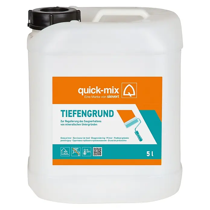 Quick-Mix Tiefengrund - 5 l - Weißer 5-Liter-Kunststoffkanister quick-mix Tiefengrund mit schwarzem Deckel.