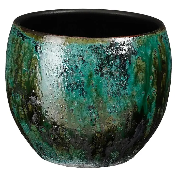 Mica Decorations Übertopf rund Loren - Außenmaß (Ø x H): 14 x 13 cm, Sonstiges, Blau/Grün - Glasierter Keramiktopf mit grün-blauer Sprenkelung und schwarzem Innenraum, ideal für Pflanzen oder Dekoration.