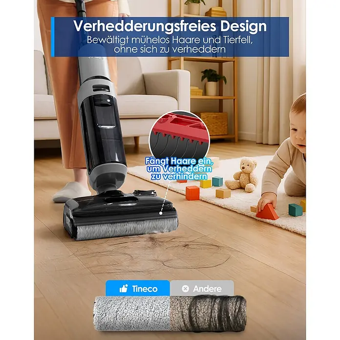 Tineco Akku-Nass-Trockensauger FLOOR ONE i5 Strech Plus - Saugkraft: 20.000 Pa, Akkulaufzeit: 30 min, Wassertankvolumen: 0,8 l - Tineco Nass-/Trockensauger mit verhedderungsfreiem Design entfernt Haare/Tierfell vom Holzboden, zeigt saubere vs. verhedderte Bürstenrolle.