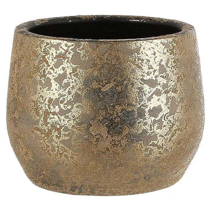 Mica Decorations Übertopf rund Clemente - Außenmaß (Ø x H): 19,5 x 15,5 cm, Keramik, Gold - Ein goldfarbener, texturierter Keramiktopf mit dunklem Inneren, ideal für Pflanzen.