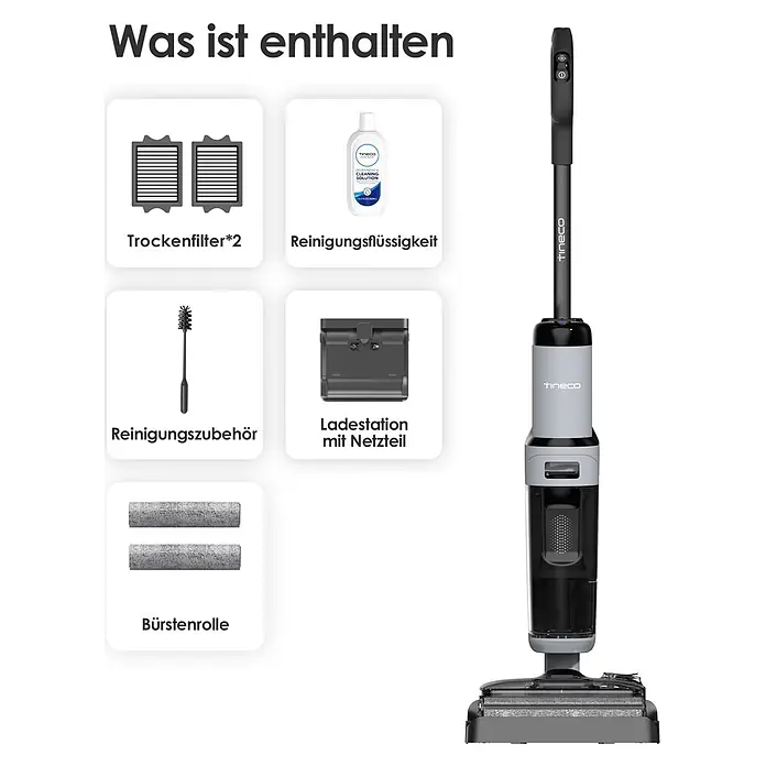 Tineco Akku-Nass-Trockensauger FLOOR ONE i5 Strech Plus - Saugkraft: 20.000 Pa, Akkulaufzeit: 30 min, Wassertankvolumen: 0,8 l - Tineco Nass-/Trockensauger mit Ladestation, Reinigungsflüssigkeit, Filtern und Bürstenrollen.