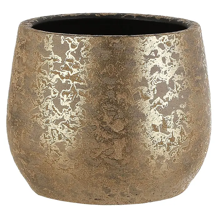 Mica Decorations Übertopf rund Clemente - Außenmaß (Ø x H): 25,5 x 20 cm, Keramik, Gold - Runder Metallpflanztopf mit goldener Struktur und schwarzer Innenseite.